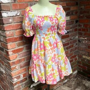 J.Marie Ruched Pocket Colorful Floral Mini Dresz‎ Sz XS